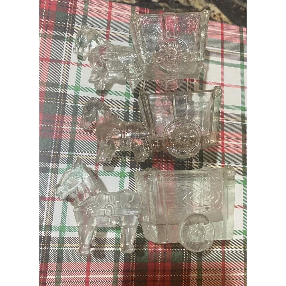 3 Vintage ~ Jeanette Glass Horse Donkey Cart  Container/ Candy Container